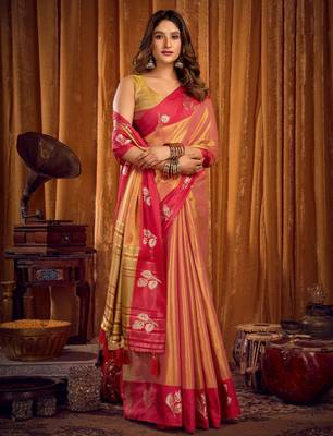 orange color smart and ethnic soft tissue woven designer saree 4