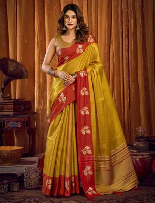 mustard color smart and ethnic soft tissue woven designer saree 1