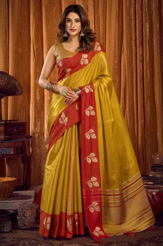 mustard color smart and ethnic soft tissue woven designer saree