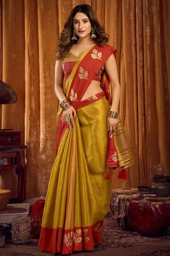 mustard color smart and ethnic soft tissue woven designer saree