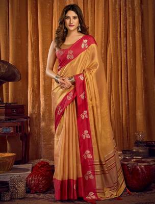 brown color smart and ethnic soft tissue woven designer saree 1