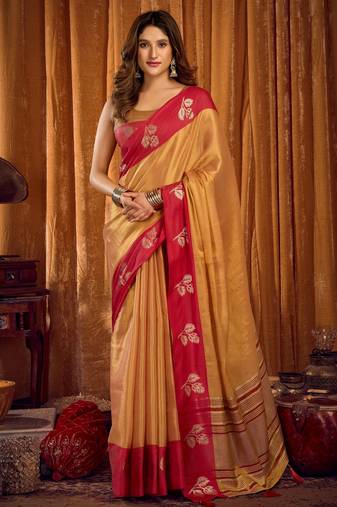 brown color smart and ethnic soft tissue woven designer saree
