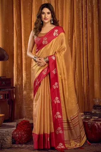 brown color smart and ethnic soft tissue woven designer saree