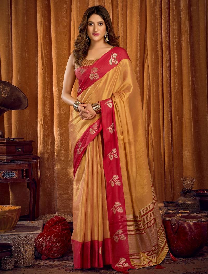 brown color smart and ethnic soft tissue woven designer saree