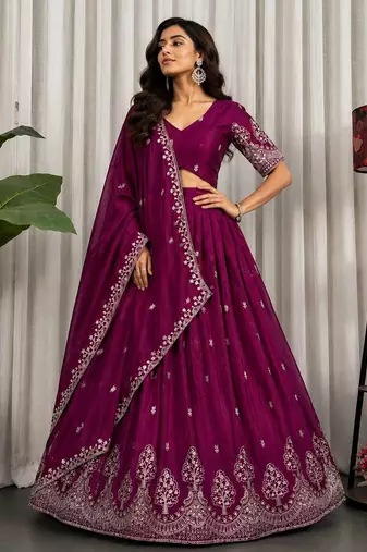 Wine Color Sequins and Thread Embroidery Work Silk Blend Lahenga Choli Set