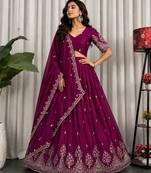 Wine Color Sequins and Thread Embroidery Work Silk Blend Lahenga Choli Set