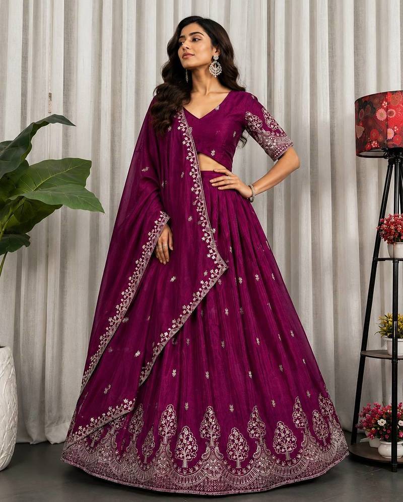 Wine Color Sequins and Thread Embroidery Work Silk Blend Lahenga Choli Set