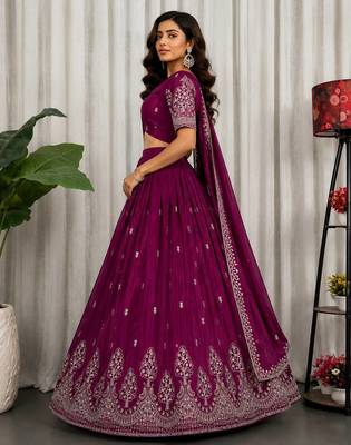 Wine Color Sequins and Thread Embroidery Work Silk Blend Lahenga Choli Set 3
