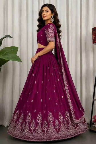 Wine Color Sequins and Thread Embroidery Work Silk Blend Lahenga Choli Set