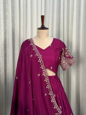 Wine Color Sequins and Thread Embroidery Work Silk Blend Lahenga Choli Set 4