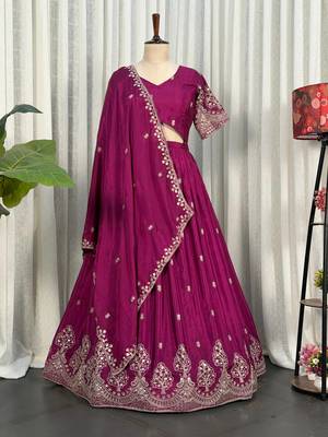 Wine Color Sequins and Thread Embroidery Work Silk Blend Lahenga Choli Set 5