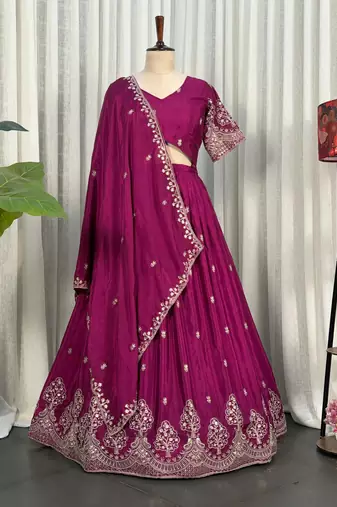 Wine Color Sequins and Thread Embroidery Work Silk Blend Lahenga Choli Set