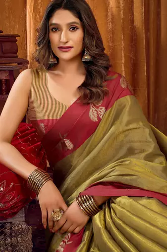mahendi color smart and ethnic soft tissue woven designer saree