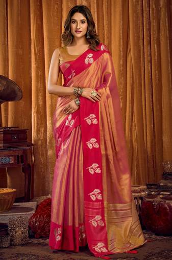 pink color smart and ethnic soft tissue woven designer saree