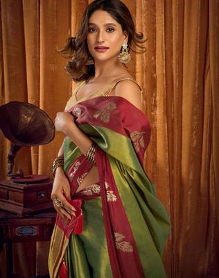 green color smart and ethnic soft tissue woven designer saree 3