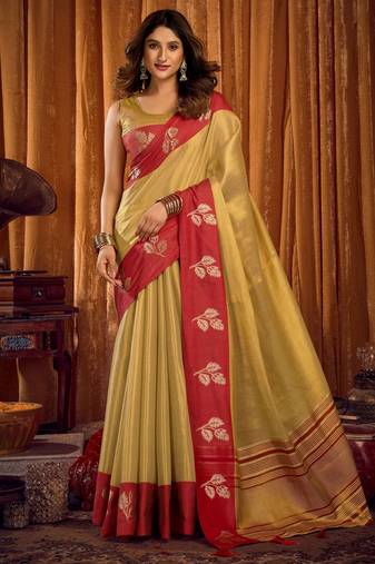 beige color smart and ethnic soft tissue woven designer saree