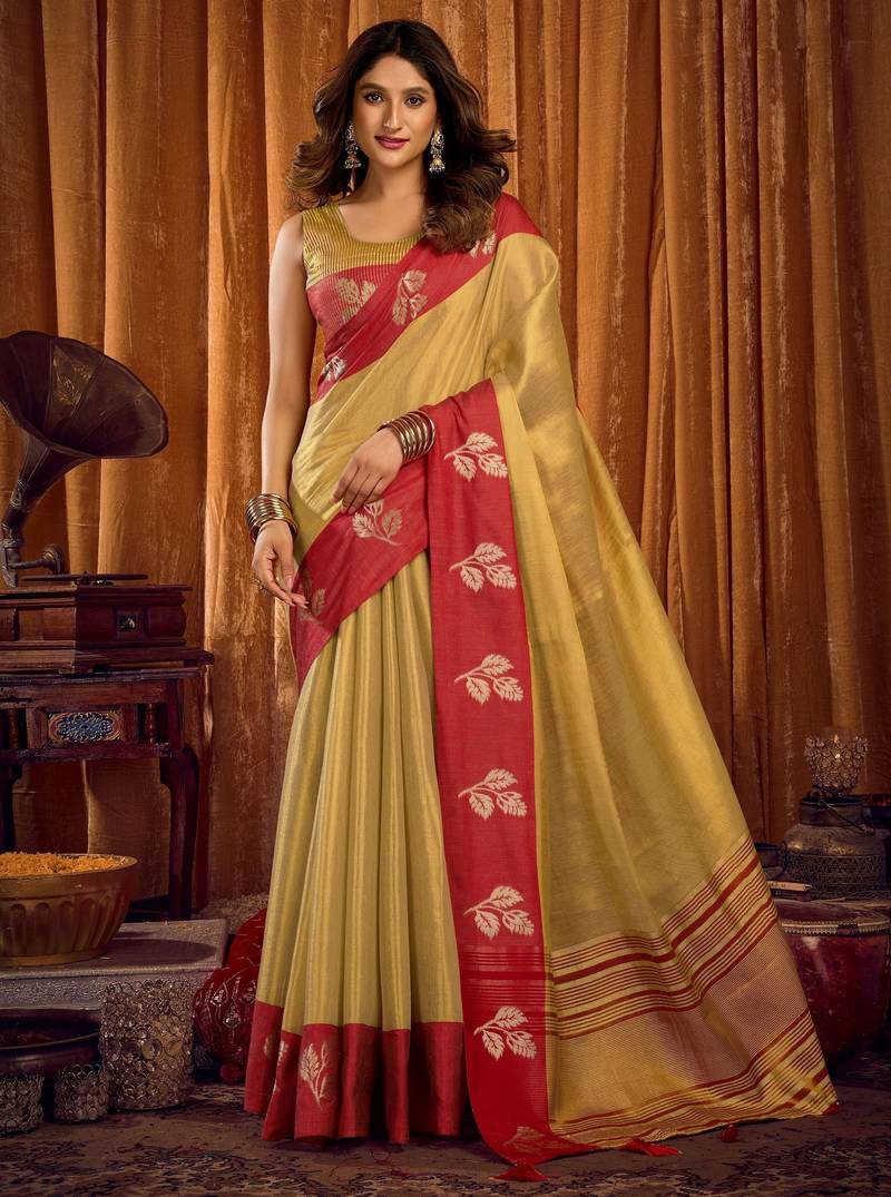 beige color smart and ethnic soft tissue woven designer saree