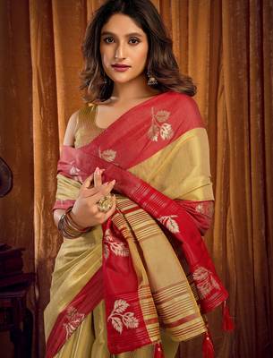 beige color smart and ethnic soft tissue woven designer saree 3