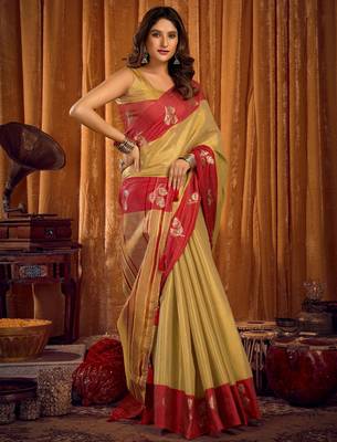beige color smart and ethnic soft tissue woven designer saree 4