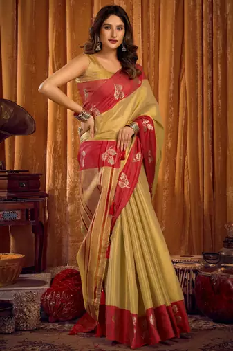 beige color smart and ethnic soft tissue woven designer saree