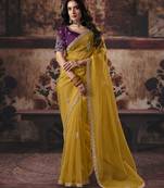 mustard color heavy work rich wedding reception organza fabric saree