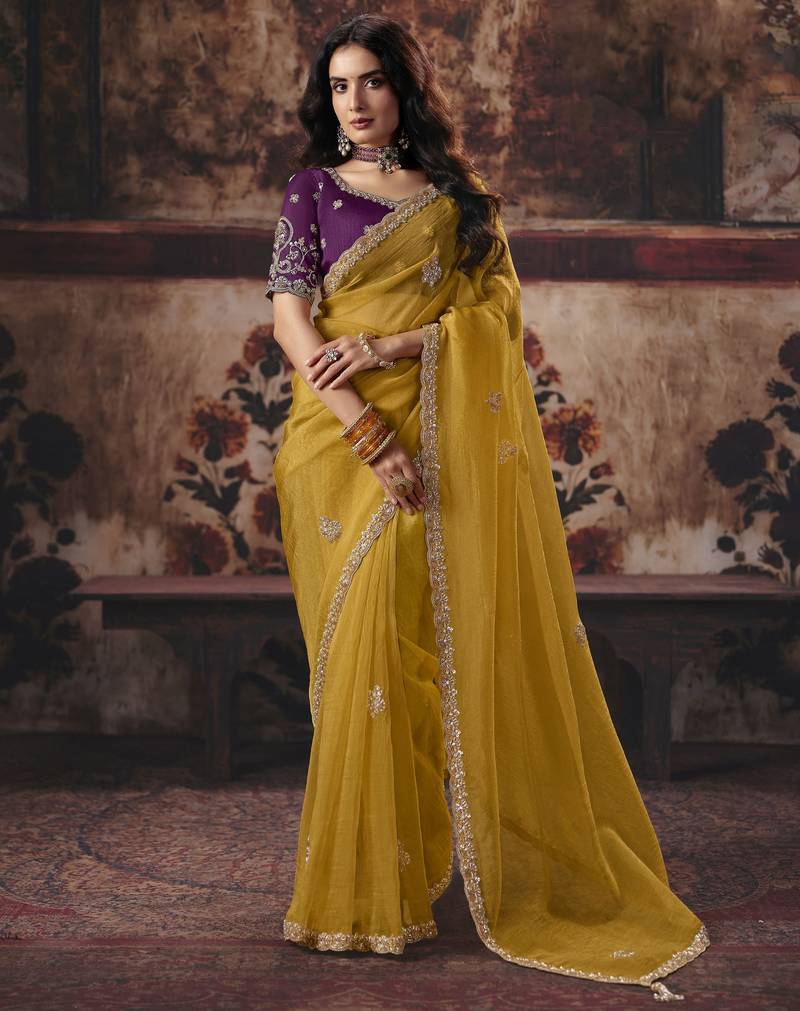 mustard color heavy work rich wedding reception organza fabric saree