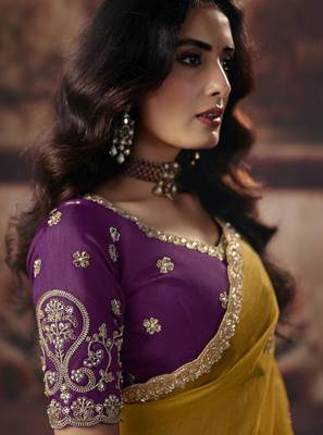 mustard color heavy work rich wedding reception organza fabric saree 2