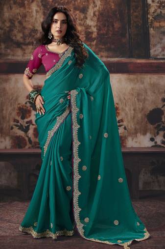 teal color heavy work rich wedding reception bemberg fabric saree