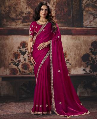 pink color heavy work rich wedding reception fendy satin fabric saree 1