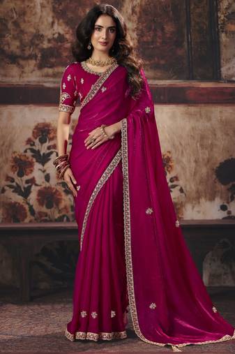 pink color heavy work rich wedding reception fendy satin fabric saree
