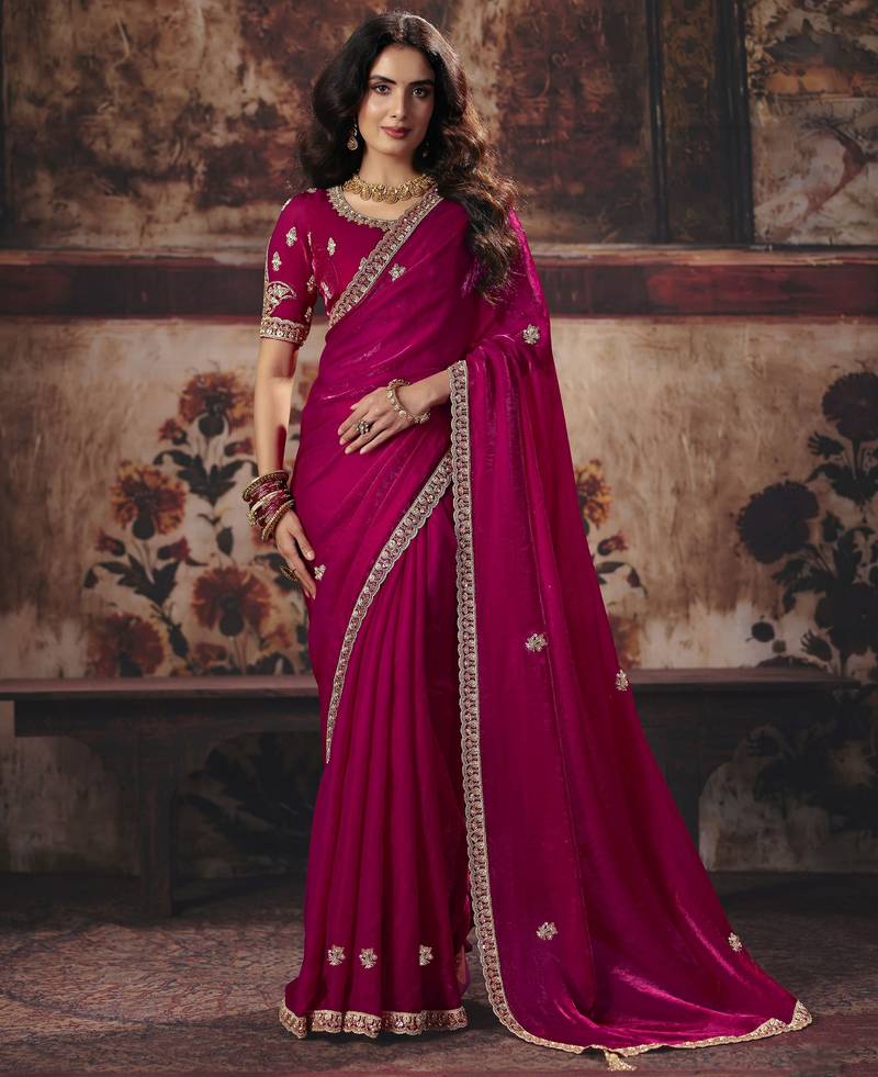 pink color heavy work rich wedding reception fendy satin fabric saree
