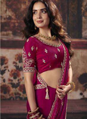 pink color heavy work rich wedding reception fendy satin fabric saree 2