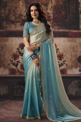sky blue color heavy work rich wedding reception fendy satin fabric saree