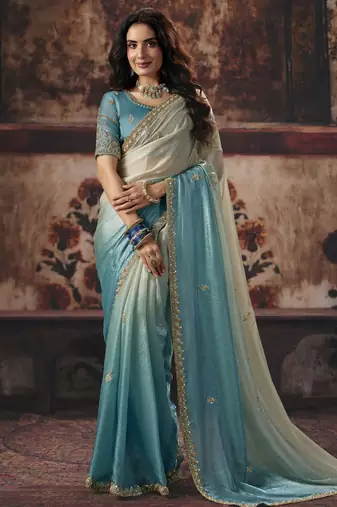 sky blue color heavy work rich wedding reception fendy satin fabric saree