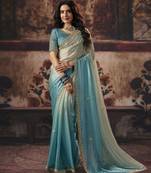 sky blue color heavy work rich wedding reception fendy satin fabric saree
