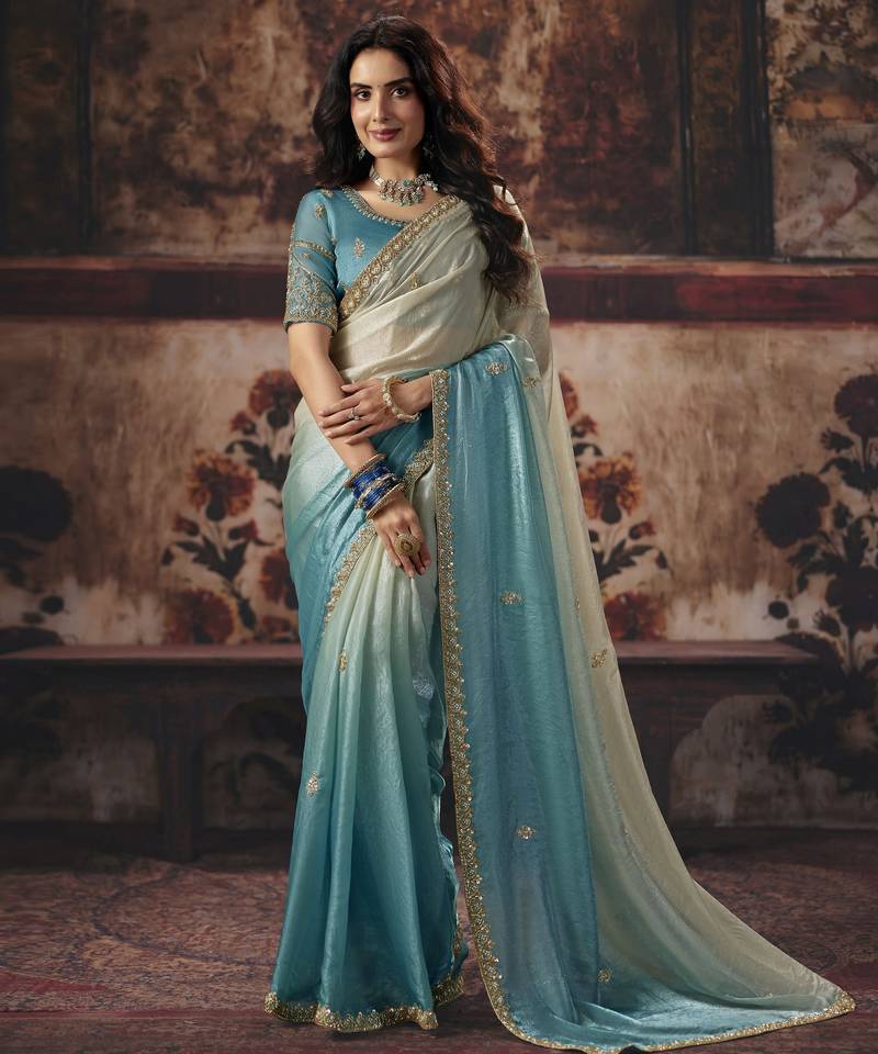 sky blue color heavy work rich wedding reception fendy satin fabric saree