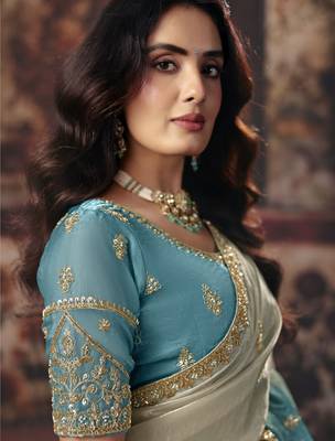 sky blue color heavy work rich wedding reception fendy satin fabric saree 2