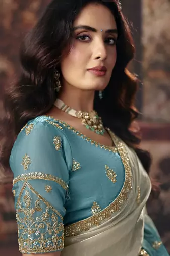 sky blue color heavy work rich wedding reception fendy satin fabric saree