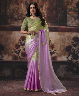 pista color heavy work rich wedding reception fendy satin fabric saree 1