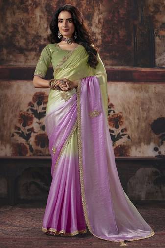 pista color heavy work rich wedding reception fendy satin fabric saree