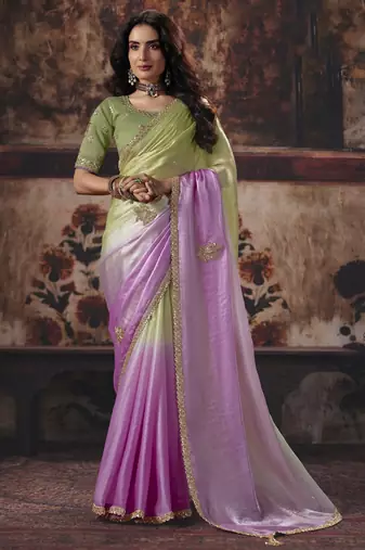 pista color heavy work rich wedding reception fendy satin fabric saree