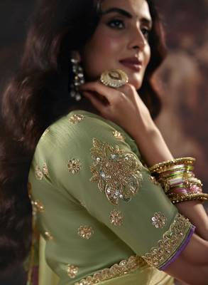 pista color heavy work rich wedding reception fendy satin fabric saree 2