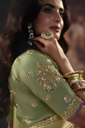 pista color heavy work rich wedding reception fendy satin fabric saree