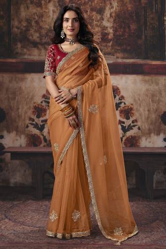 orange color heavy work rich wedding reception organza fabric saree