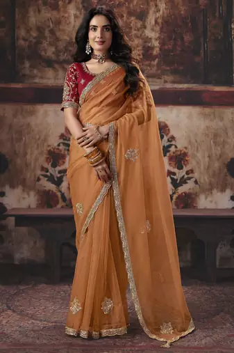orange color heavy work rich wedding reception organza fabric saree
