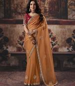 orange color heavy work rich wedding reception organza fabric saree
