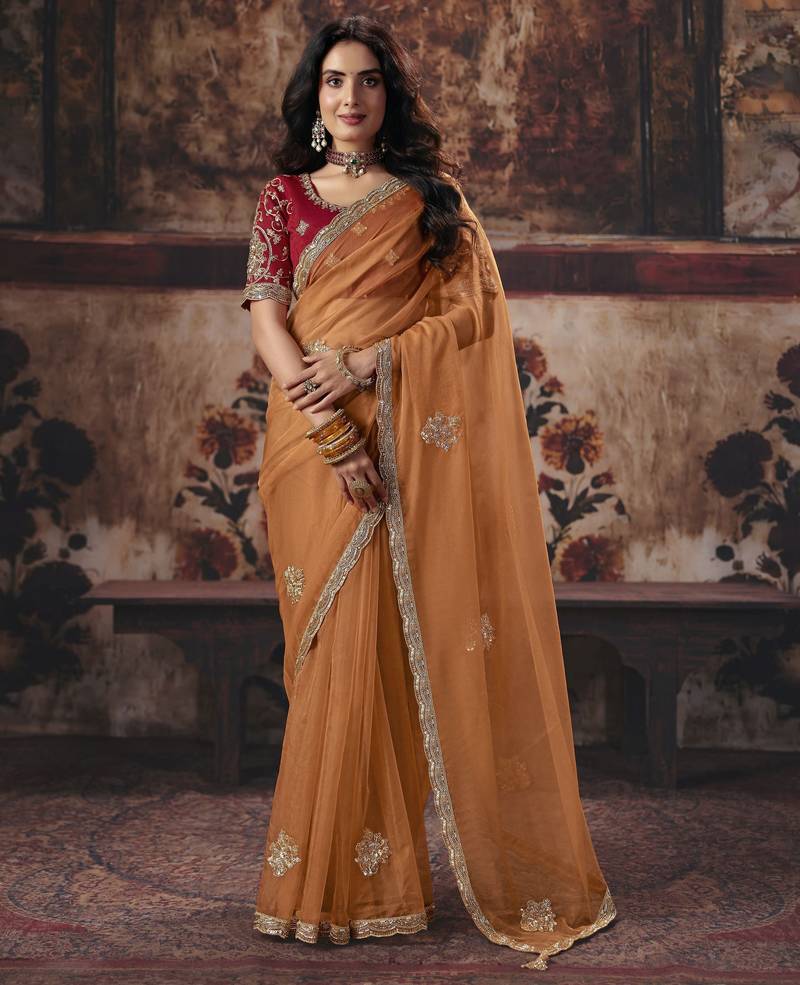 orange color heavy work rich wedding reception organza fabric saree