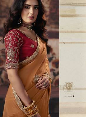 orange color heavy work rich wedding reception organza fabric saree 2