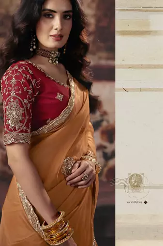 orange color heavy work rich wedding reception organza fabric saree