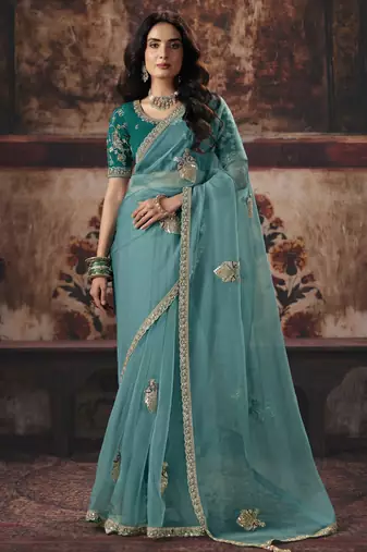 blue color heavy work rich wedding reception organza fabric saree
